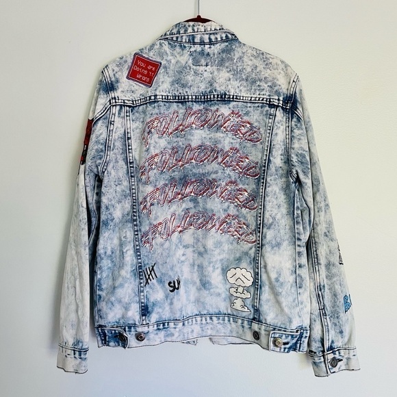 Rebel Star Jean Jacket S Acid Wash Patches Graphics Streetwear - Picture 7 of 10